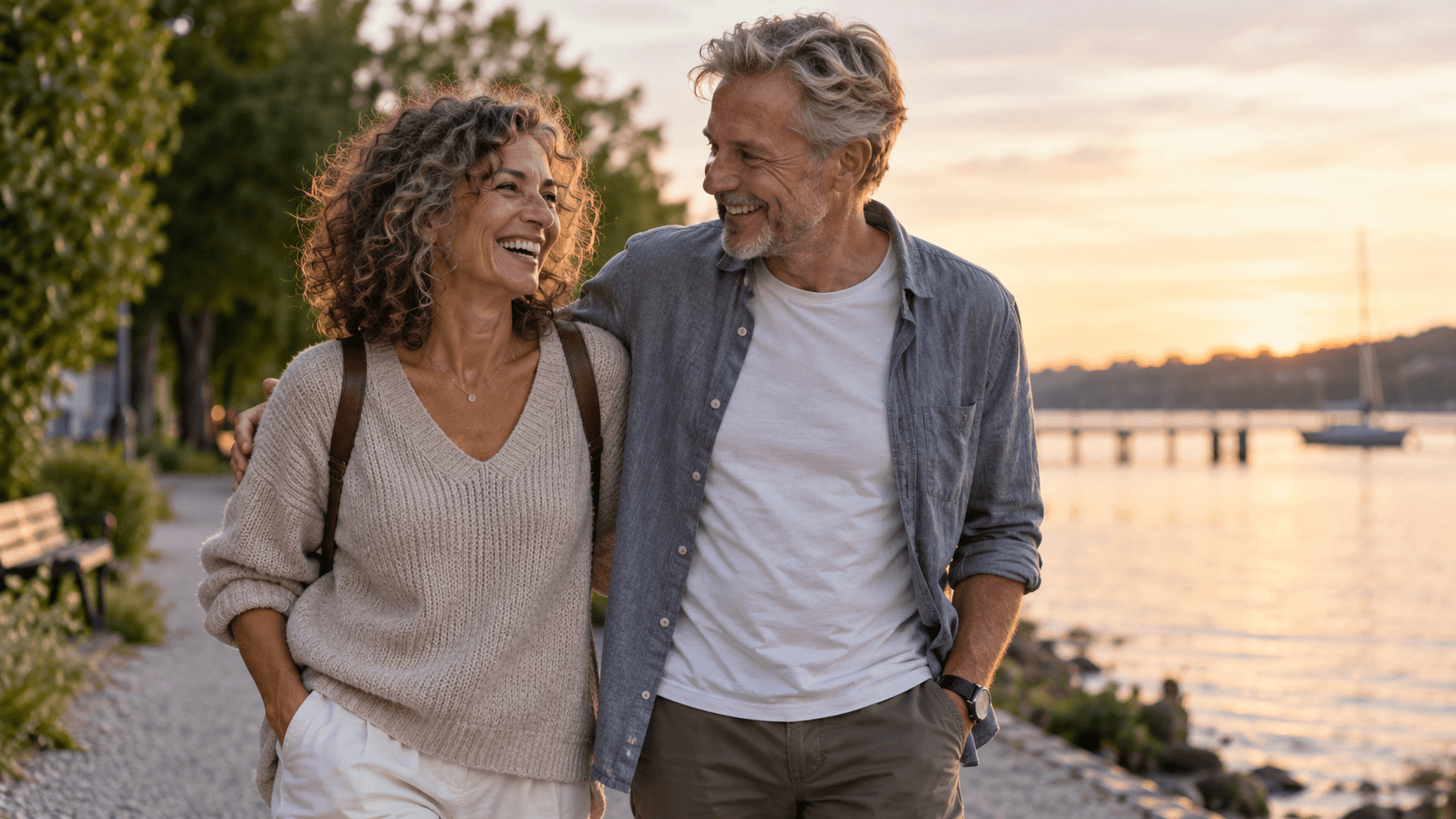 Vitales Paar mittleren Alters bei einem Spaziergang am See – Sinnbild für Gesundheit, Lebensqualität und Longevity